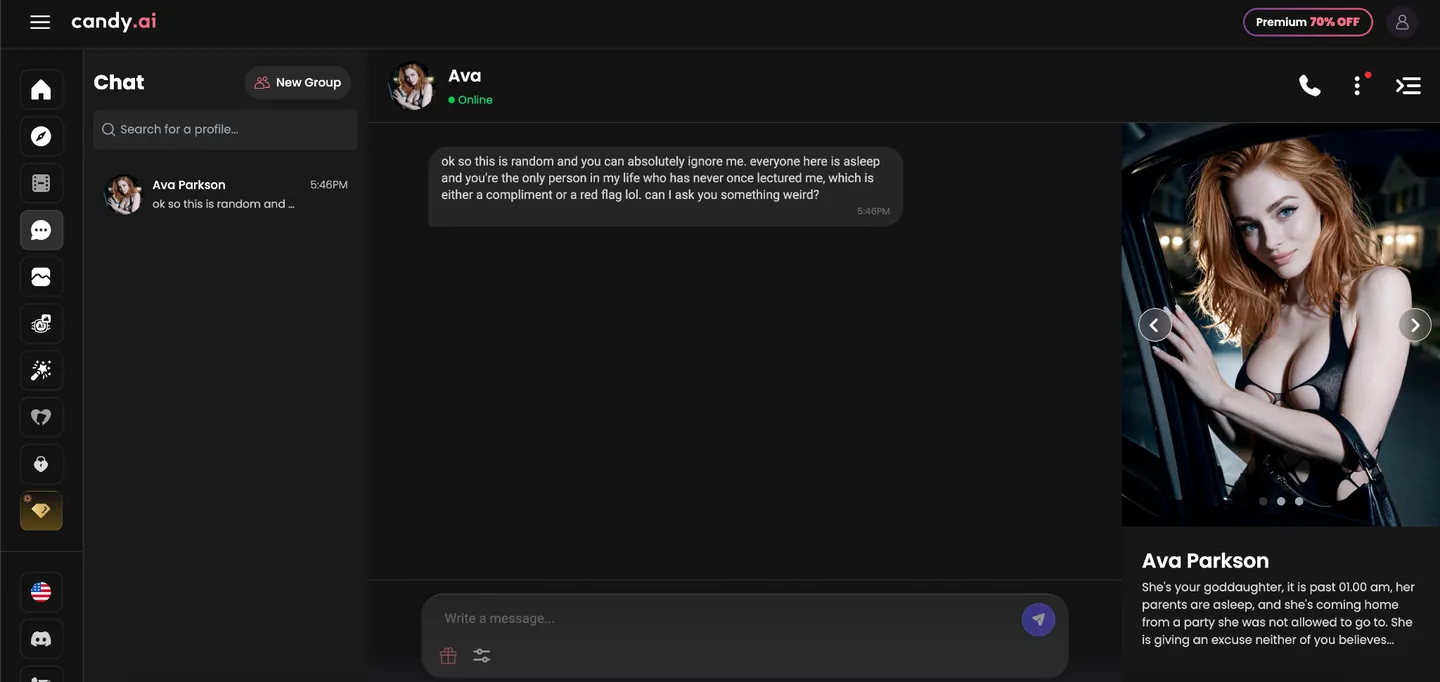 Interface de chat da Candy AI com galeria da personagem