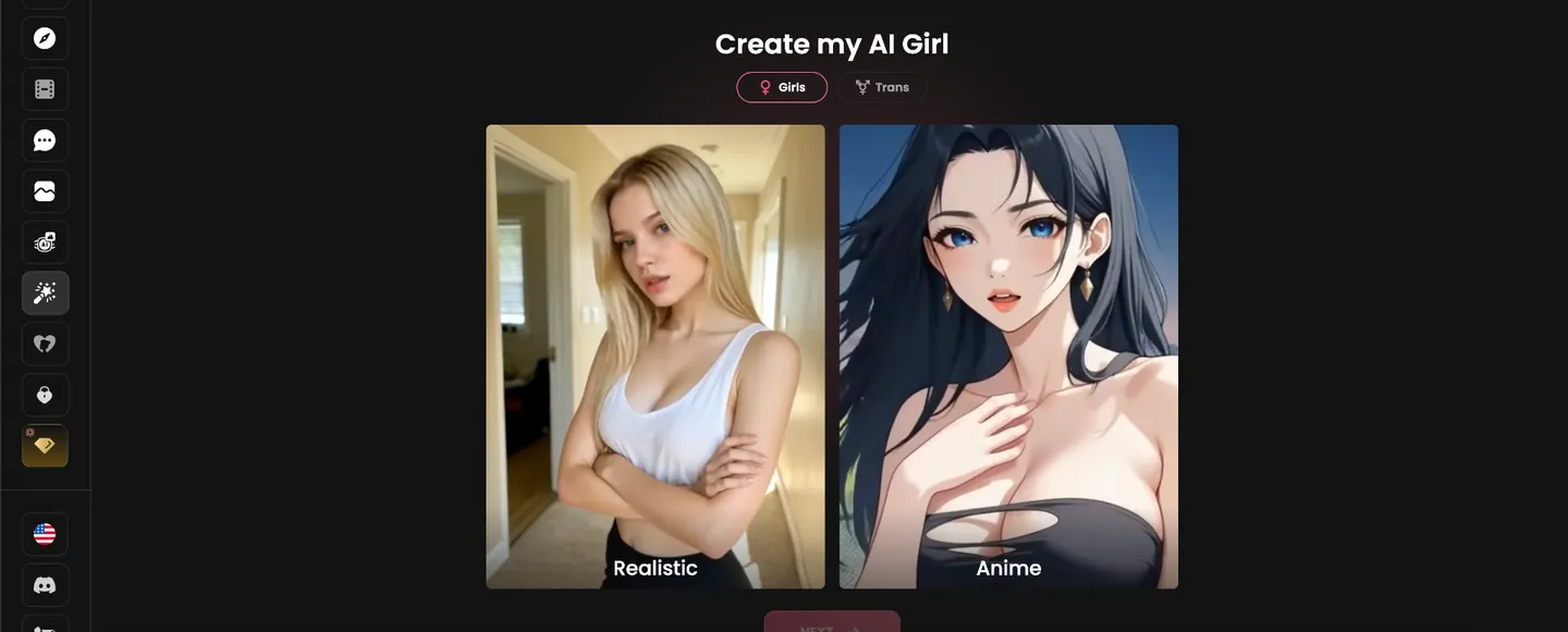Interface da Candy AI para criar personagem realista ou anime
